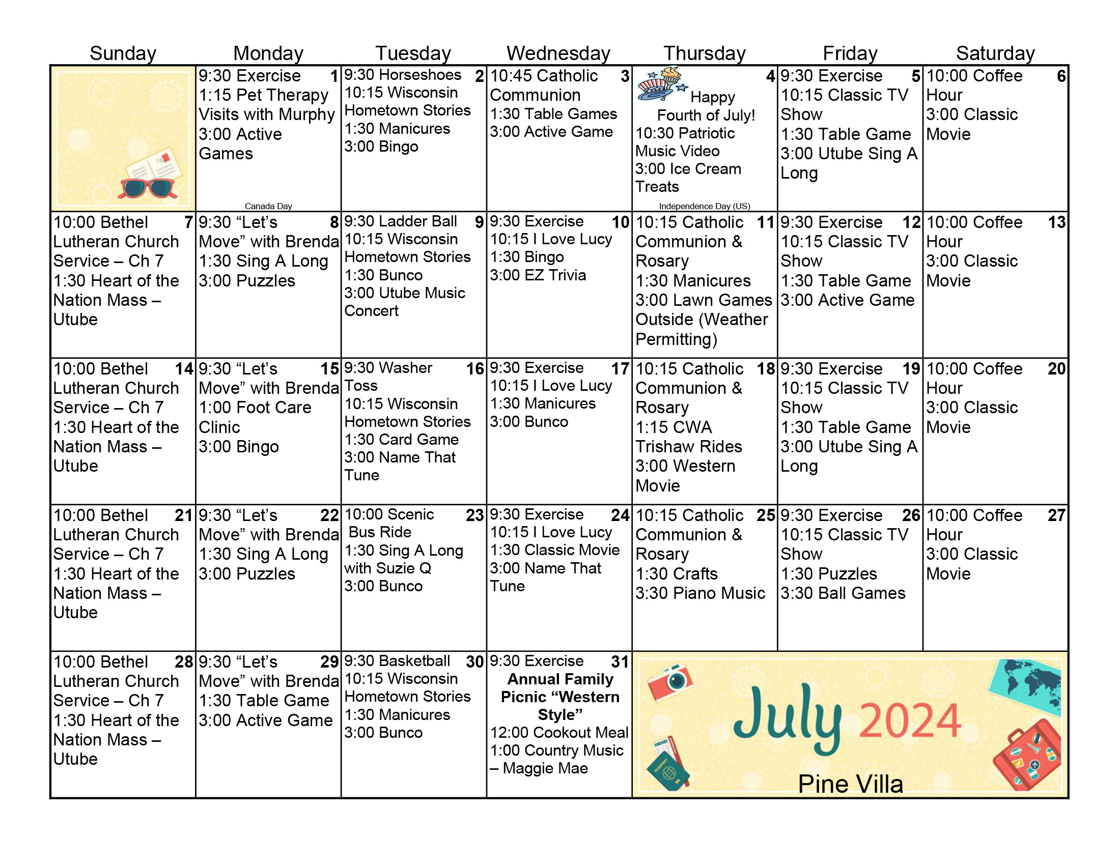 Pine Villa Memory Care July calendar