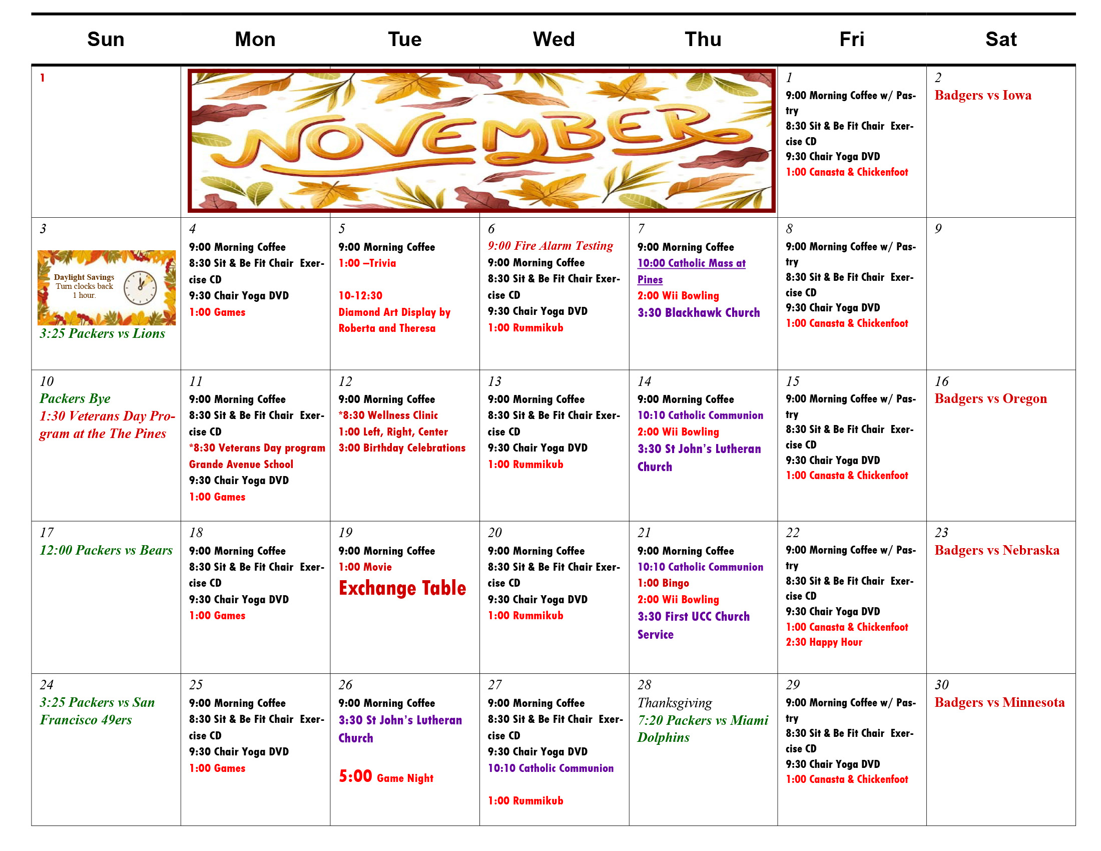 Pine Glen Apartments November calendar