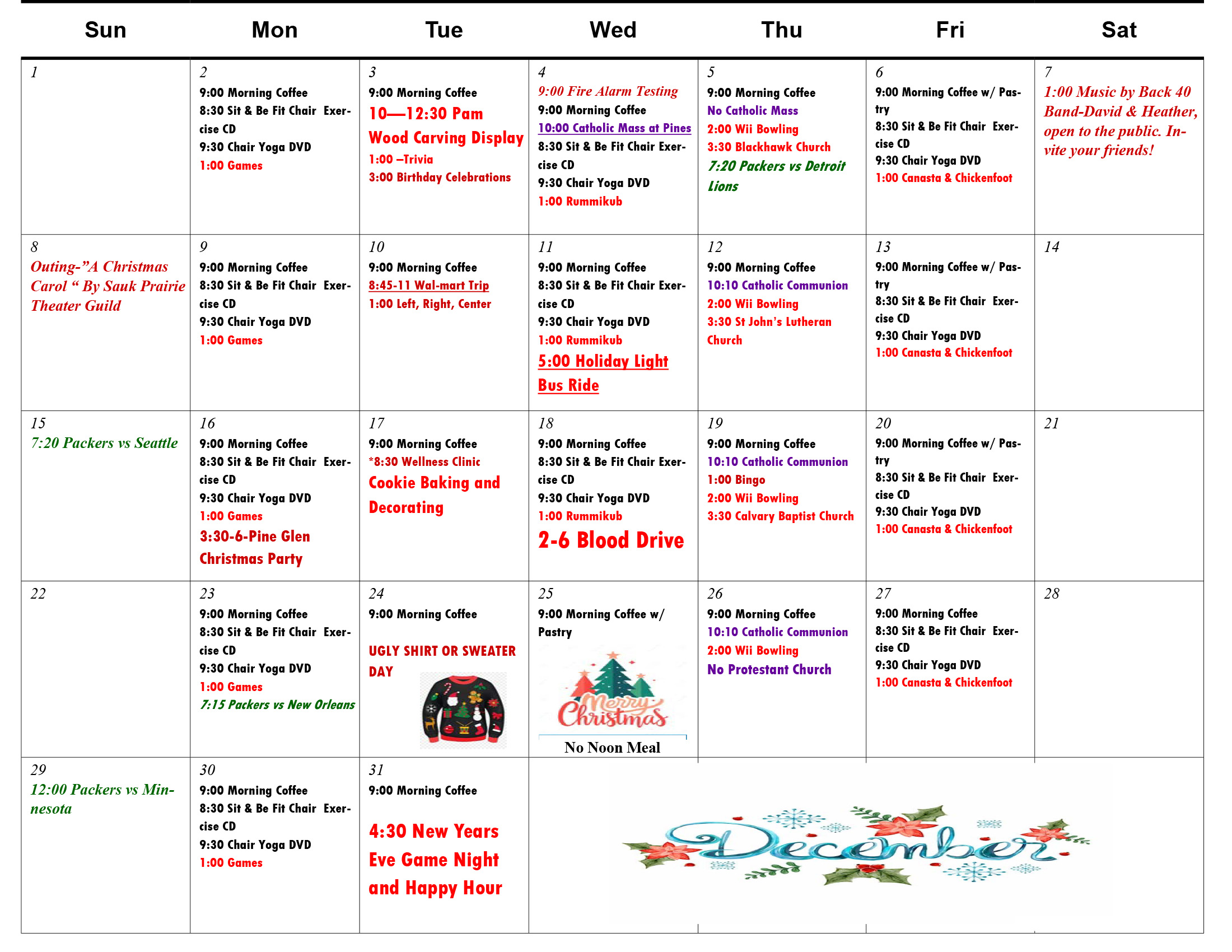 Pine Glen Apartments December calendar