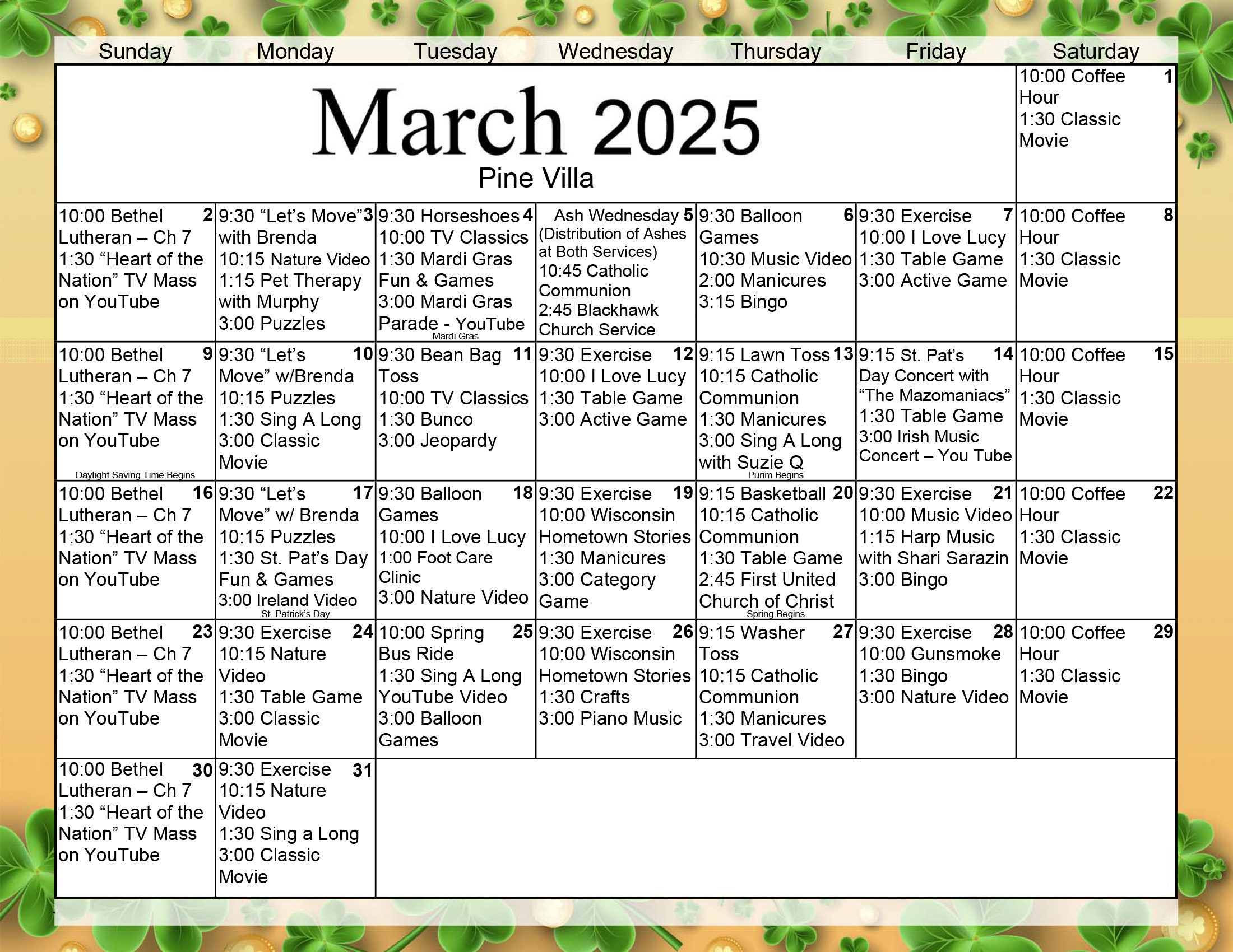 Pine Villa Memory Care March calendar