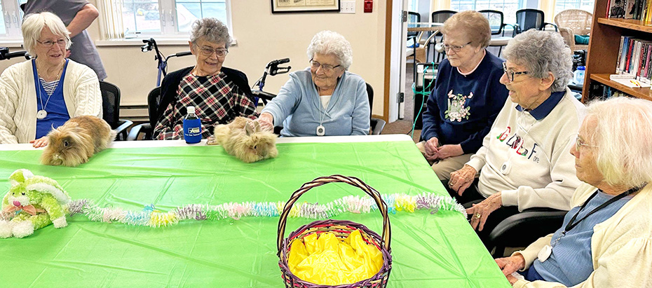Pines staff members bring in Lionhead Rabbits for residents to enjoy
