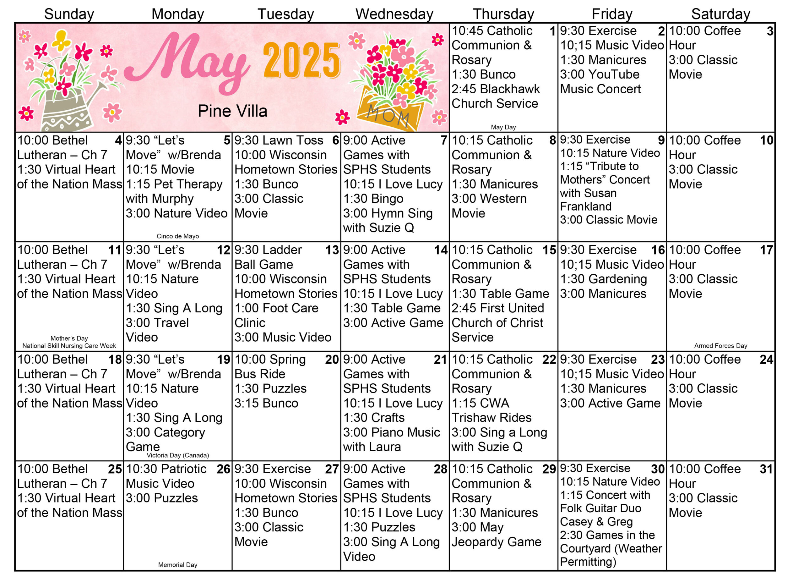 Pine Villa Memory Care May calendar