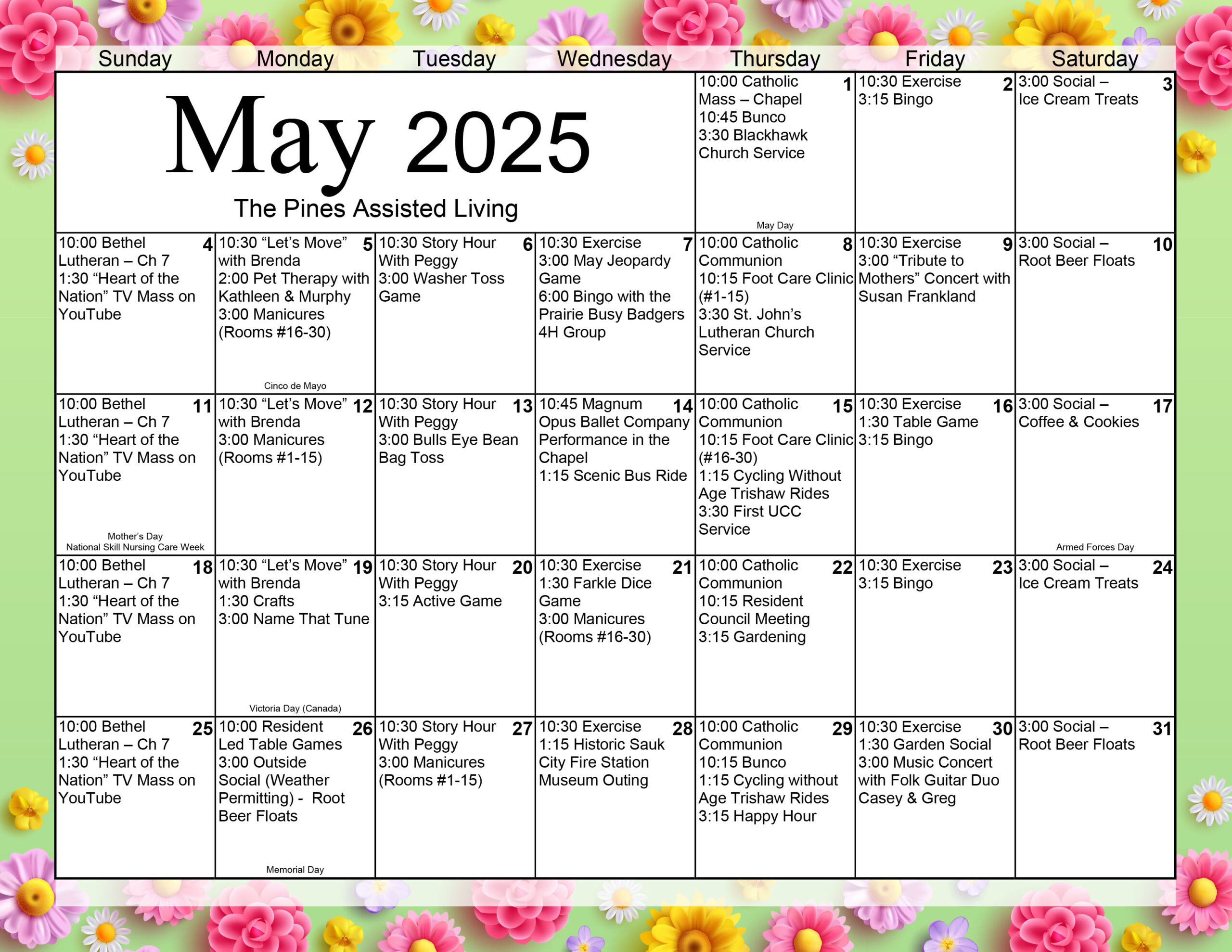 Pines Assisted Living May calendar
