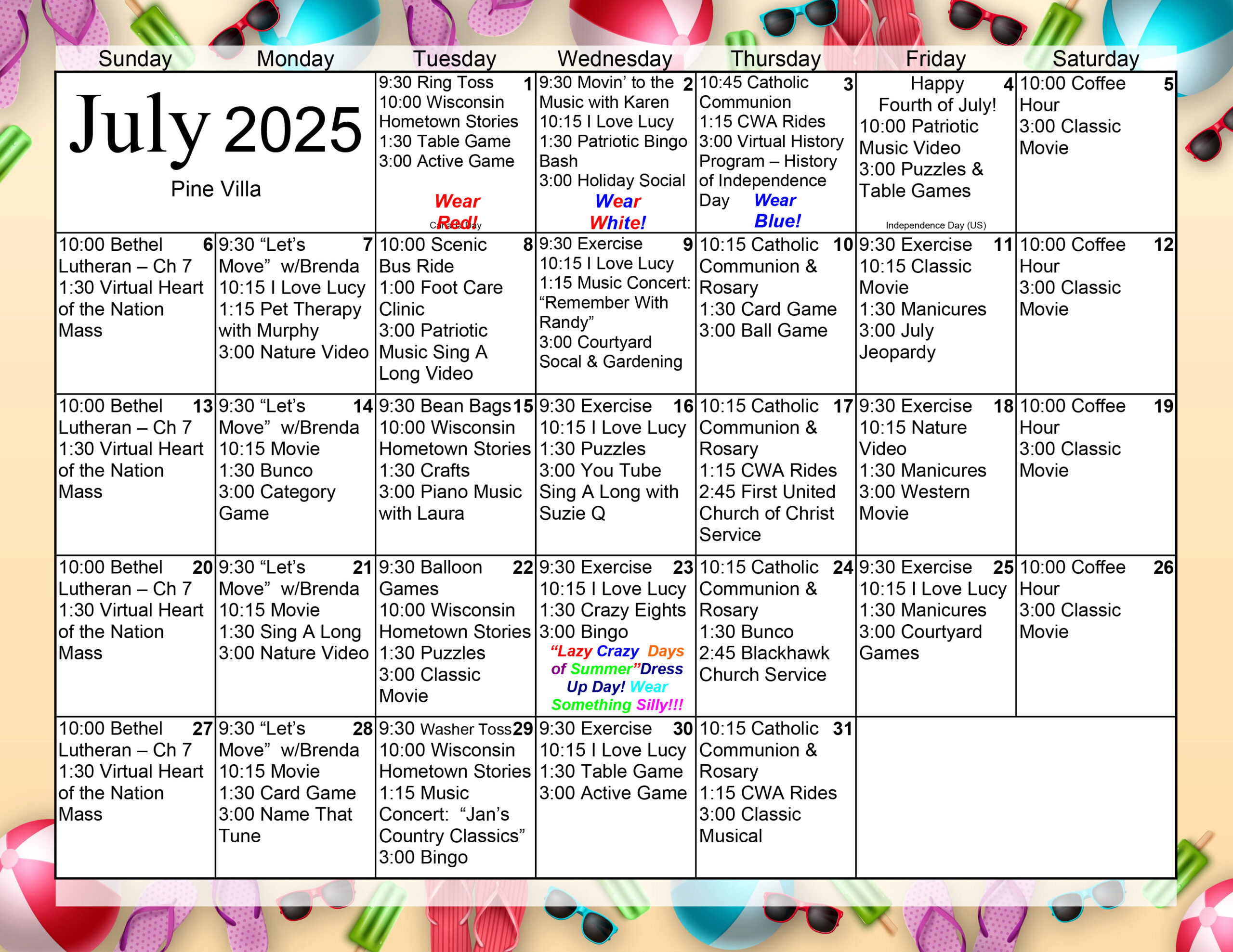 Pine Villa Memory Care July 2025 calendar