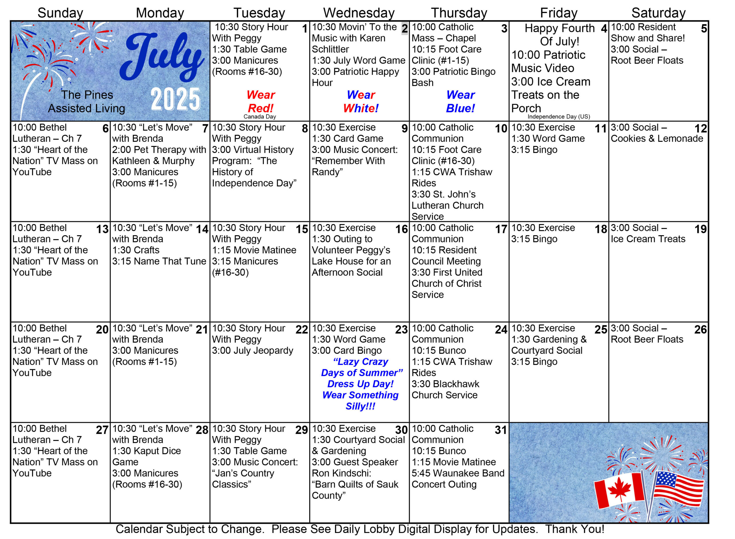 Pines Assisted Living July 2025 calendar