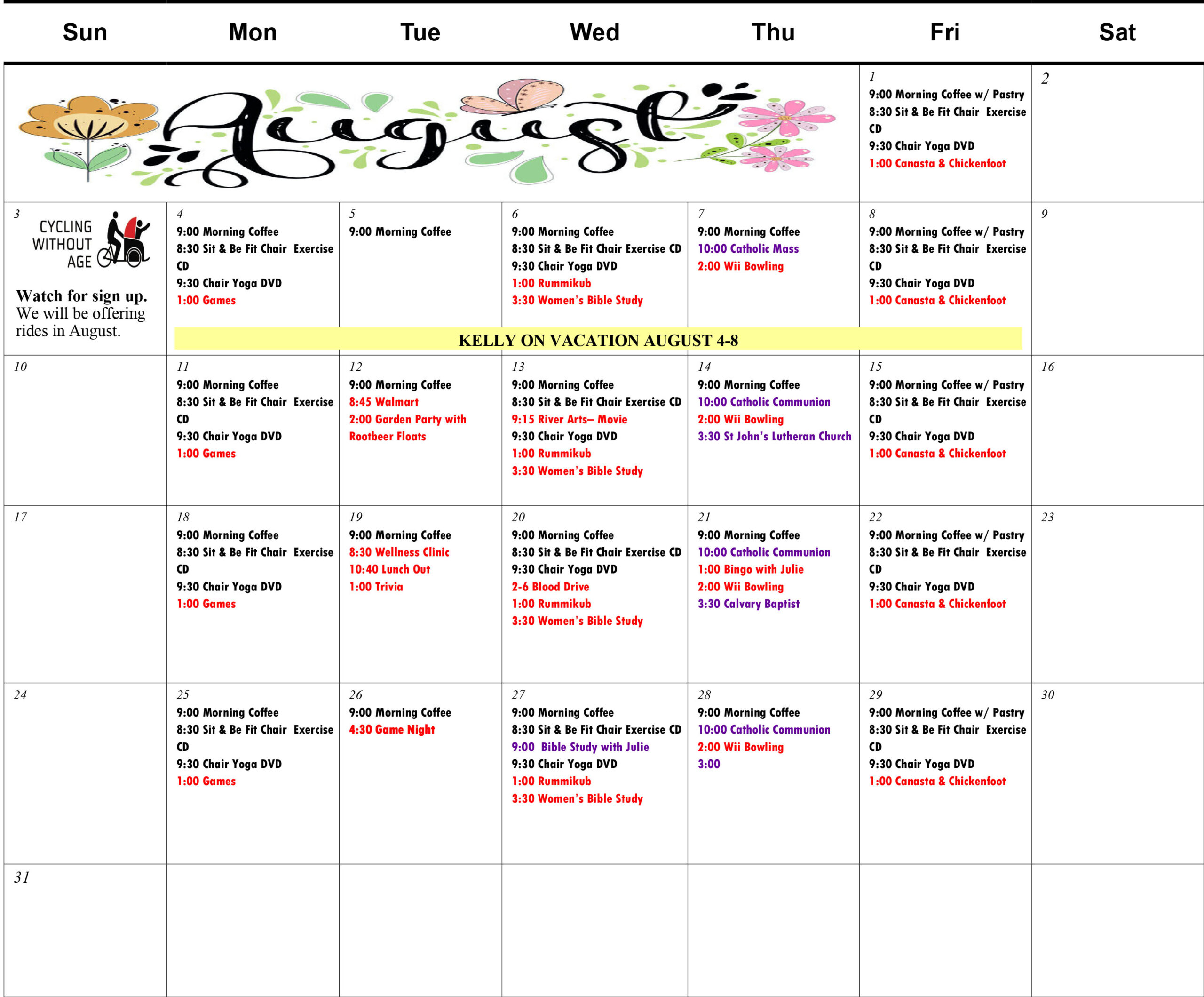 Pine Glen Senior Apartments August 2025 calendar