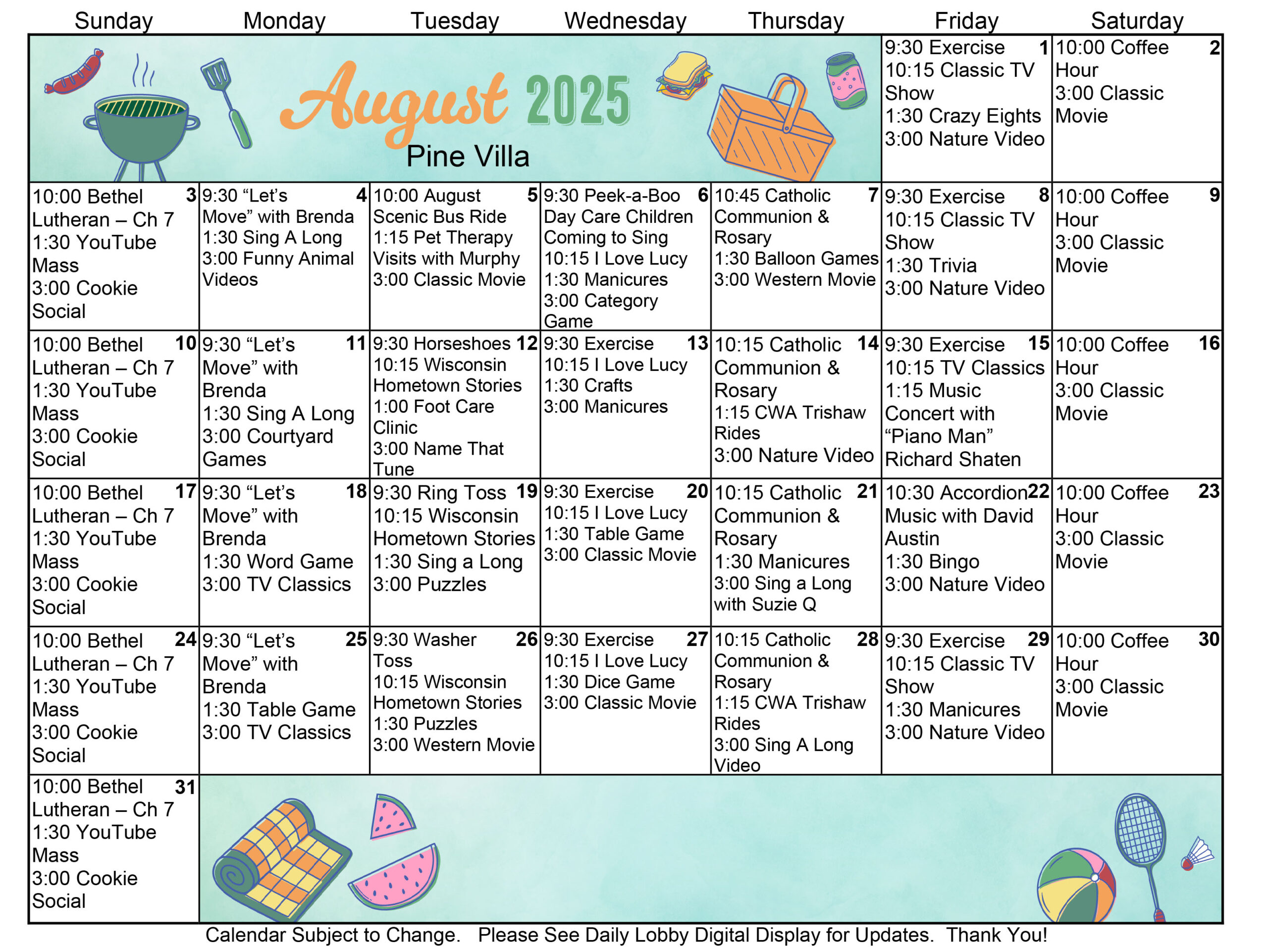 Pine Villa Memory Care August 2025 calendar