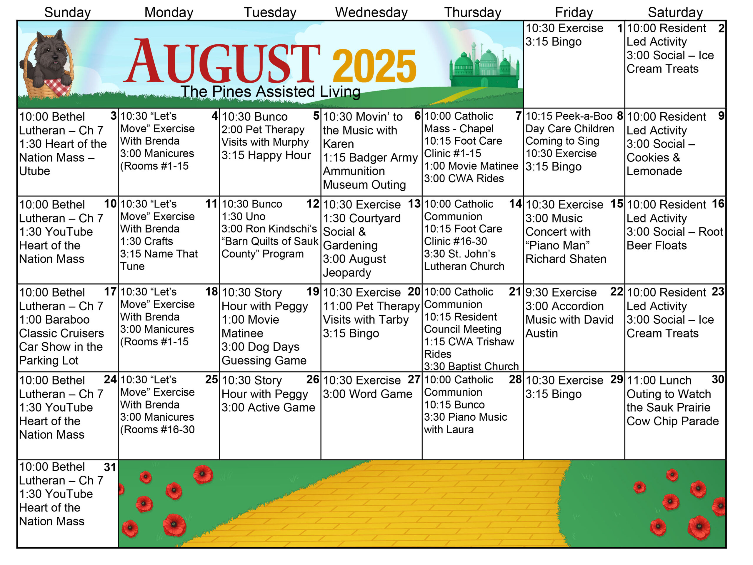 Pines Assisted Living August 2025 calendar