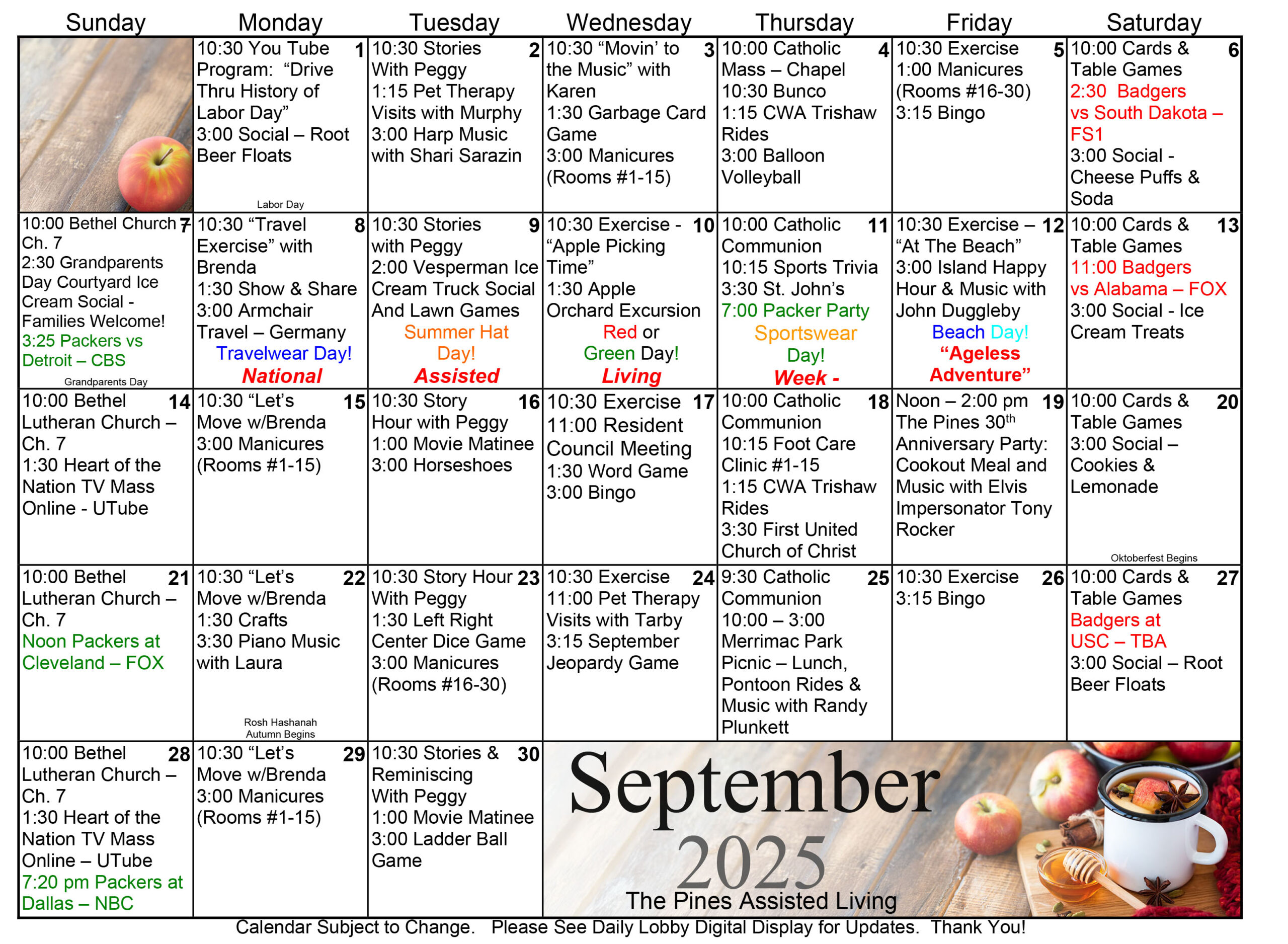 Pines Assisted Living September 2025 calendar