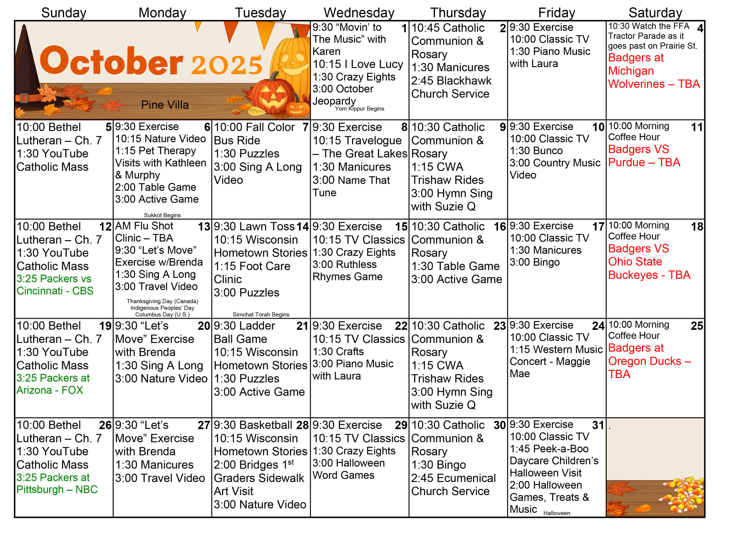 Pine Villa Memory Care October 2025 calendar