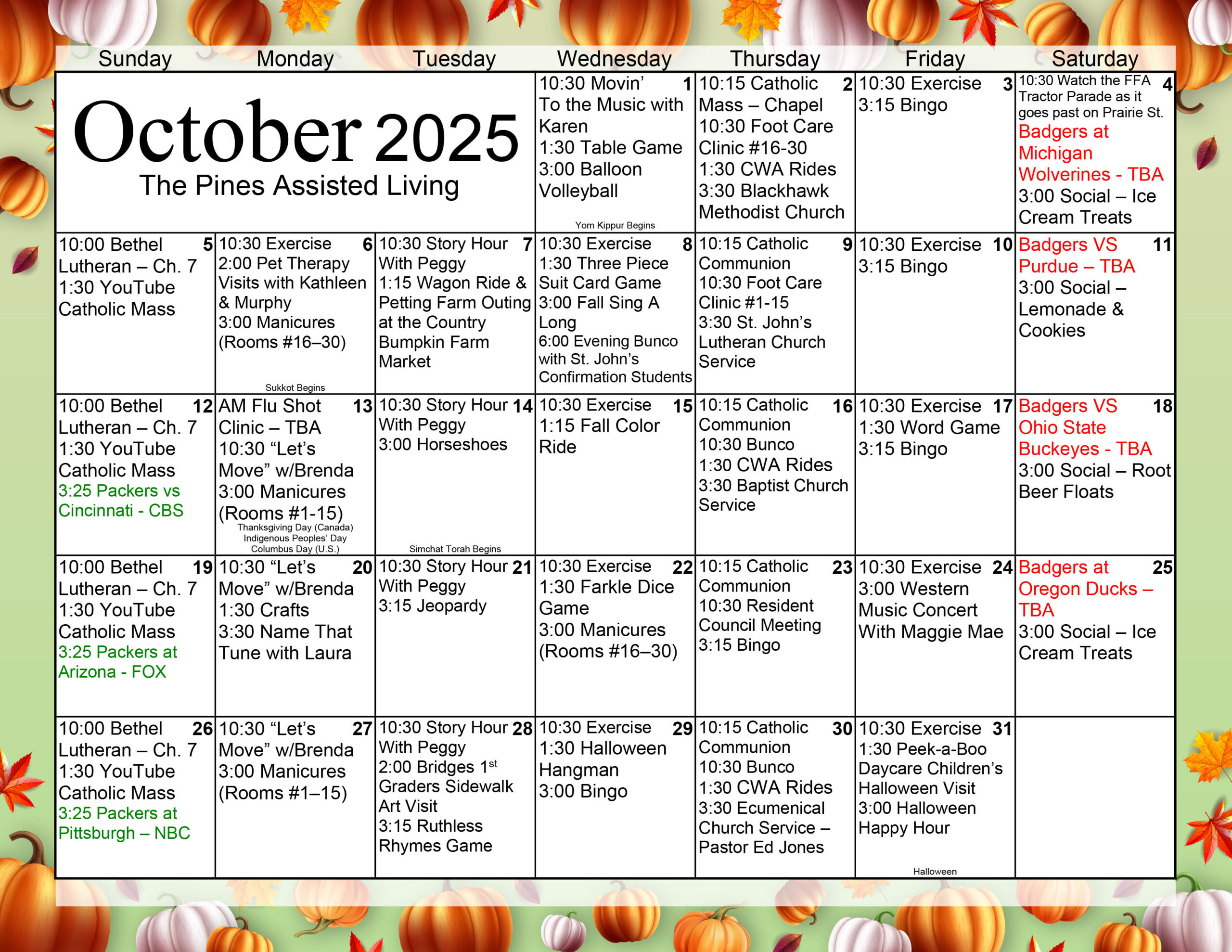 Pines Assisted Living October 2025 calendar