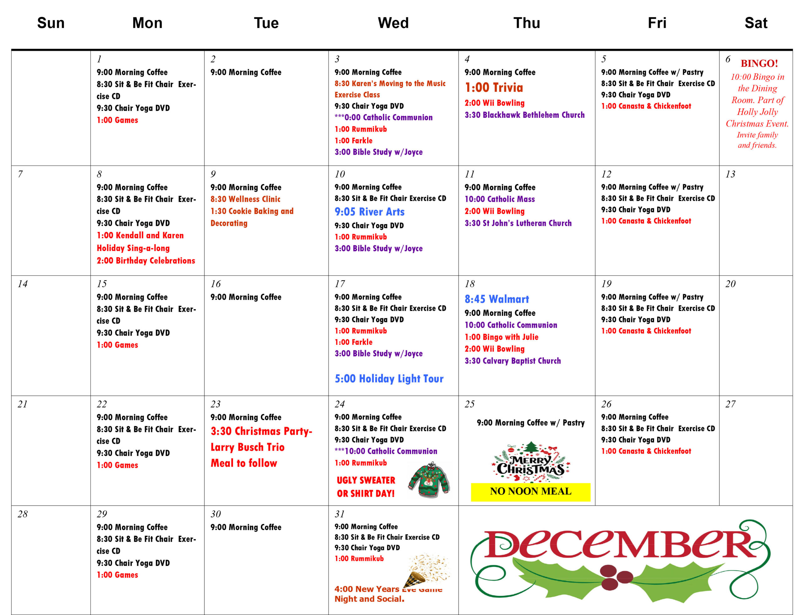 Pine Glen Senior Apartments Dec 2025 calendar