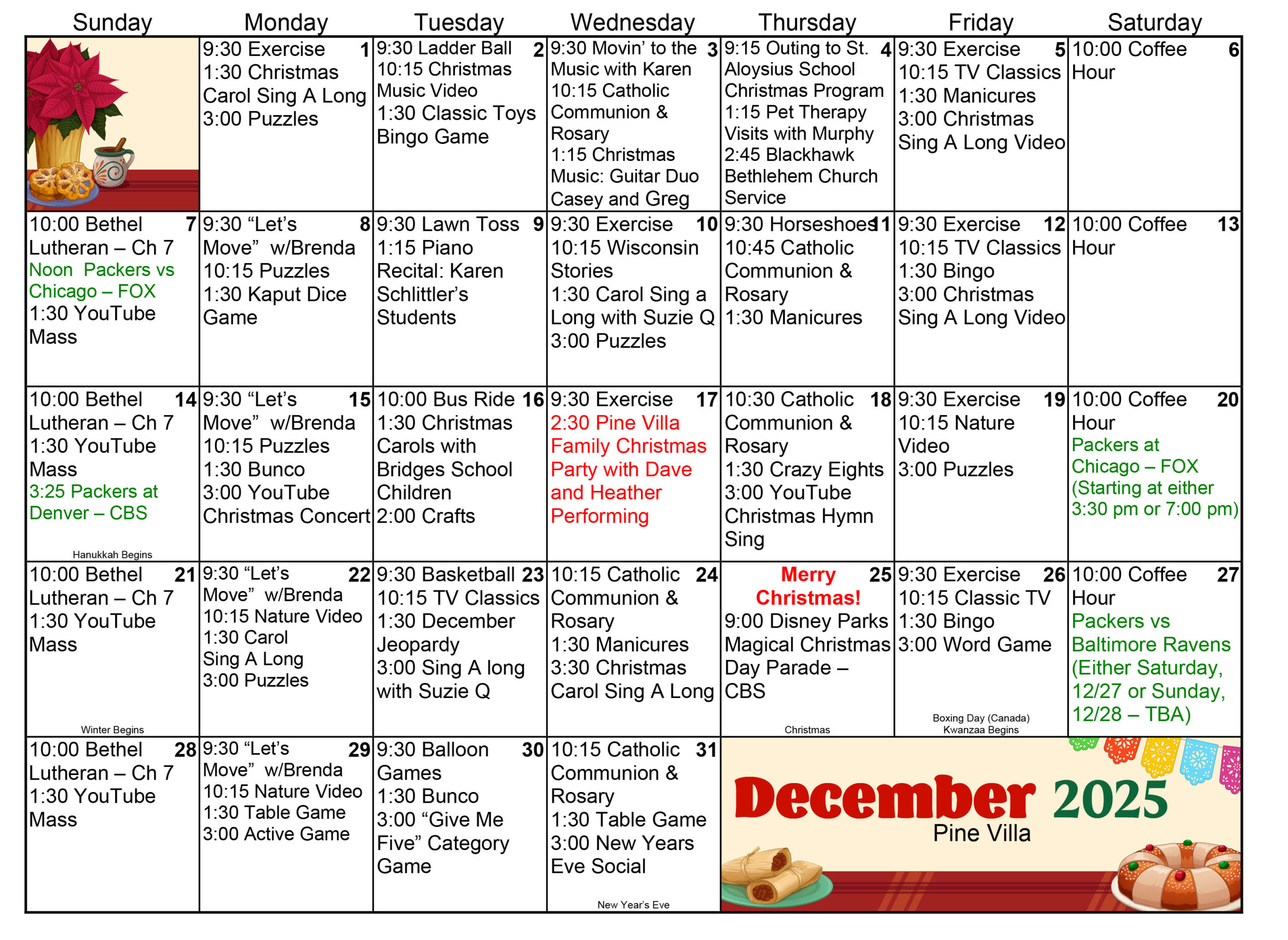 Pine Villa Memory Care Dec 2025 calendar