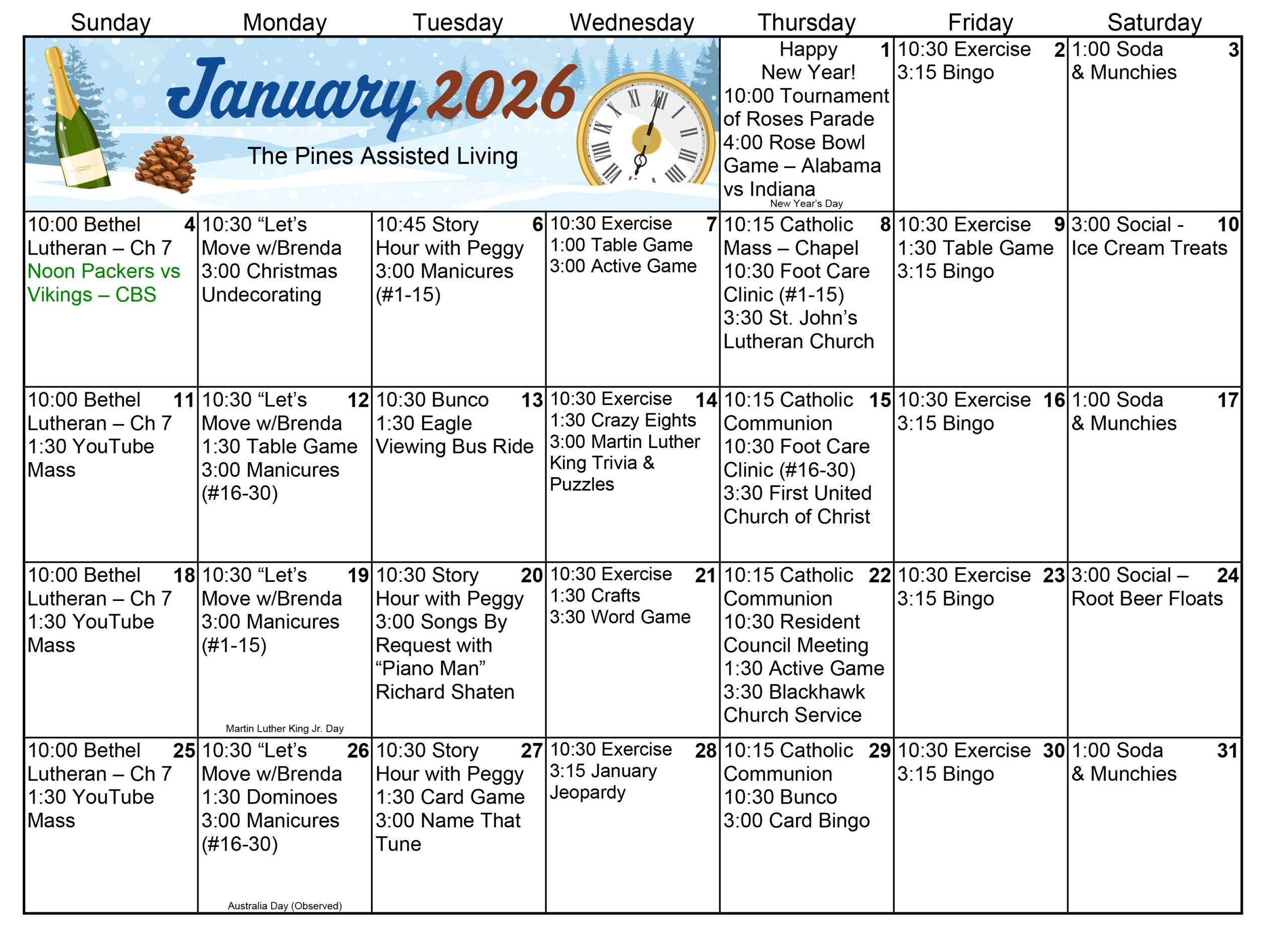 Pines Assisted Living January 2026 calendar