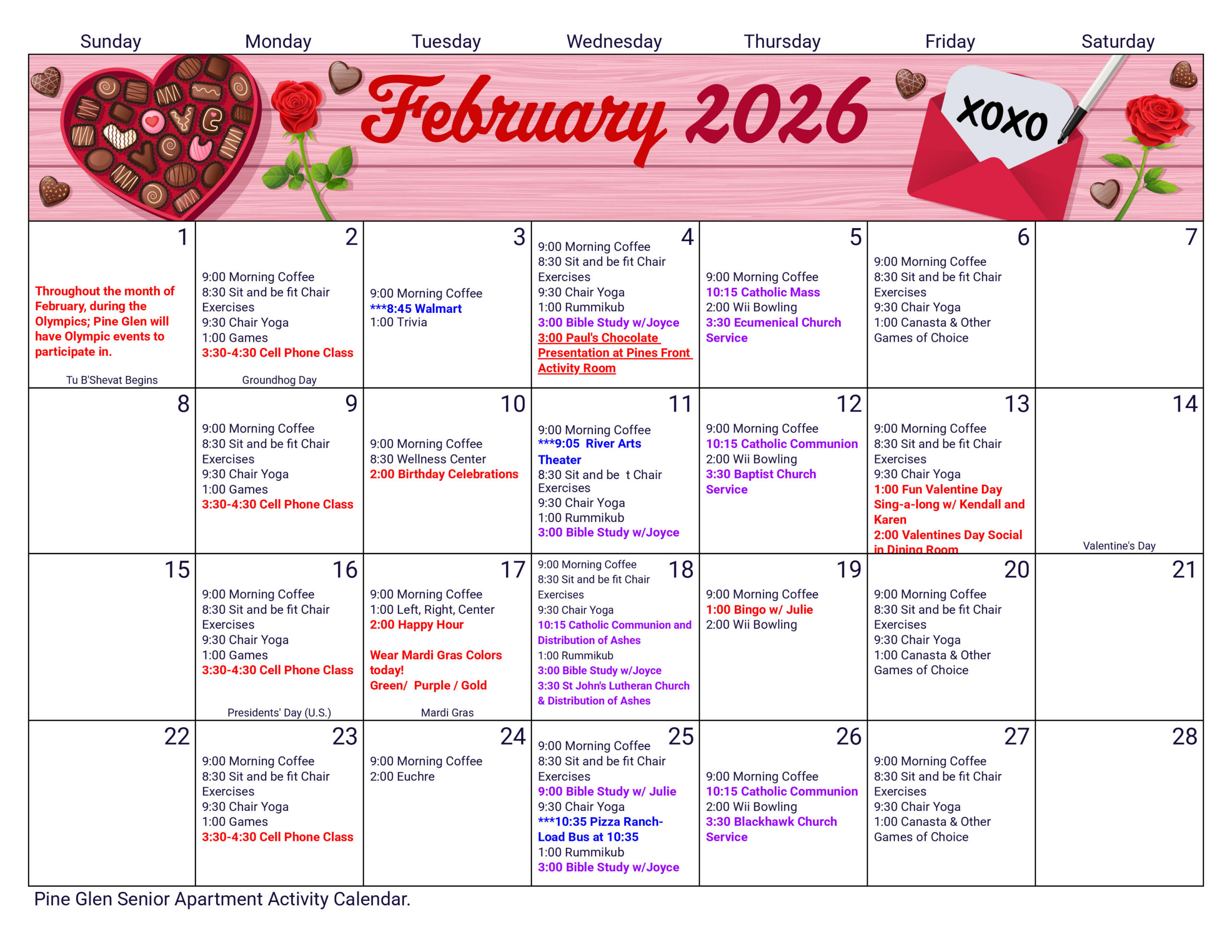 Pine Glen Senior Apartments February 2026 calendar