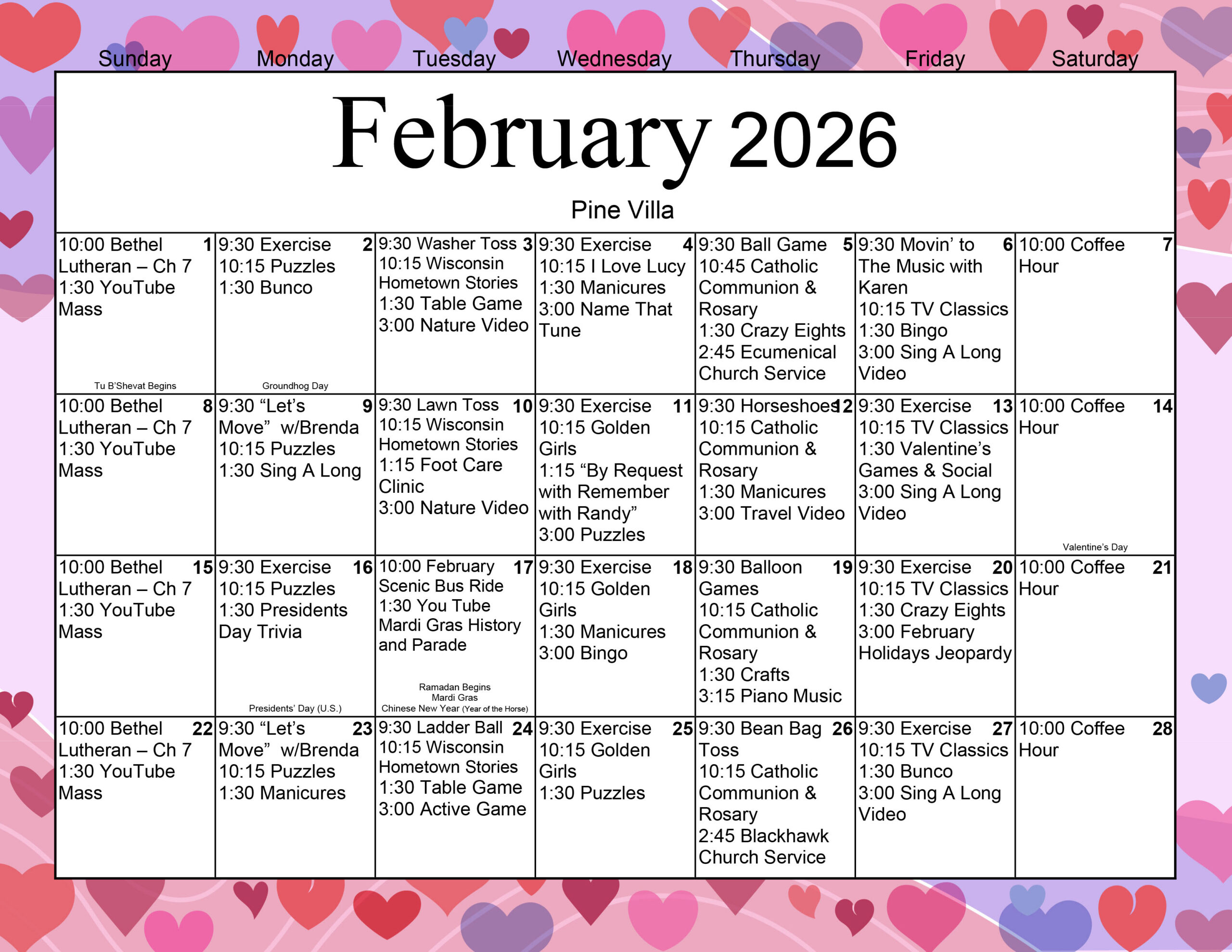 Pine Villa Memory Care February 2026 calendar