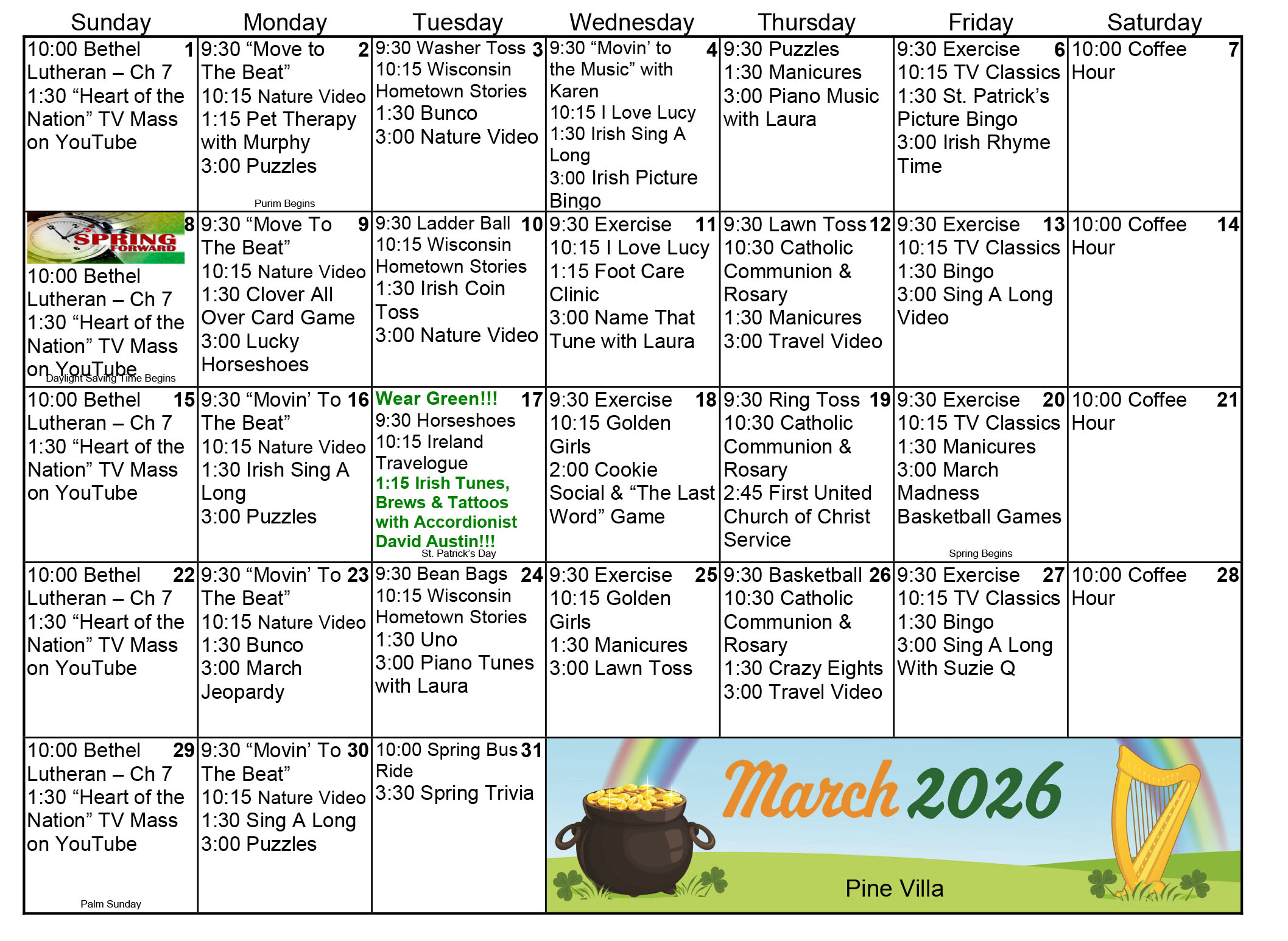 Pine Villa Memory Care March 2026 calendar