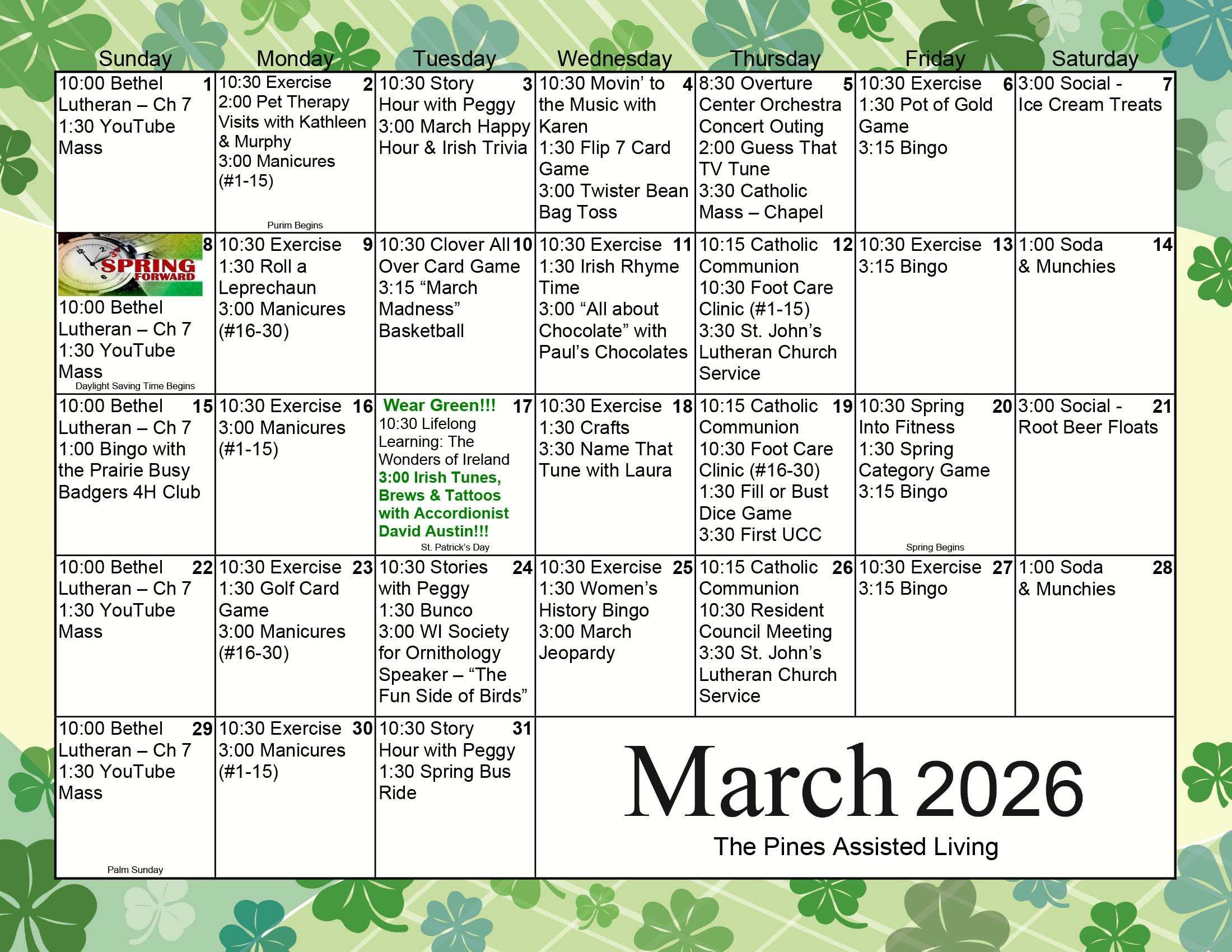 Pines Assisted Living March 2026 calendar