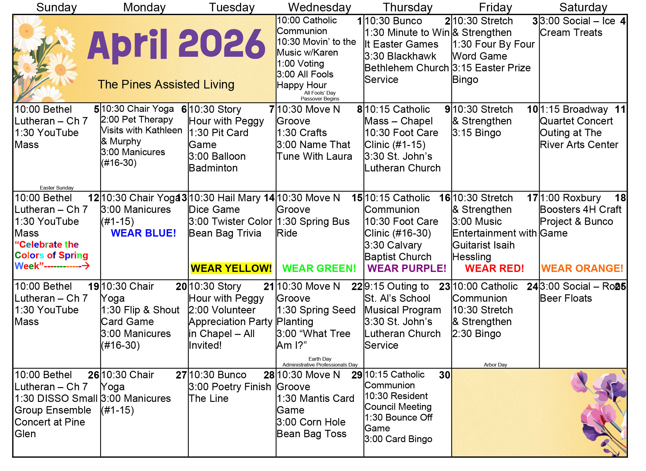 Pines Assisted Living April 2026 calendar