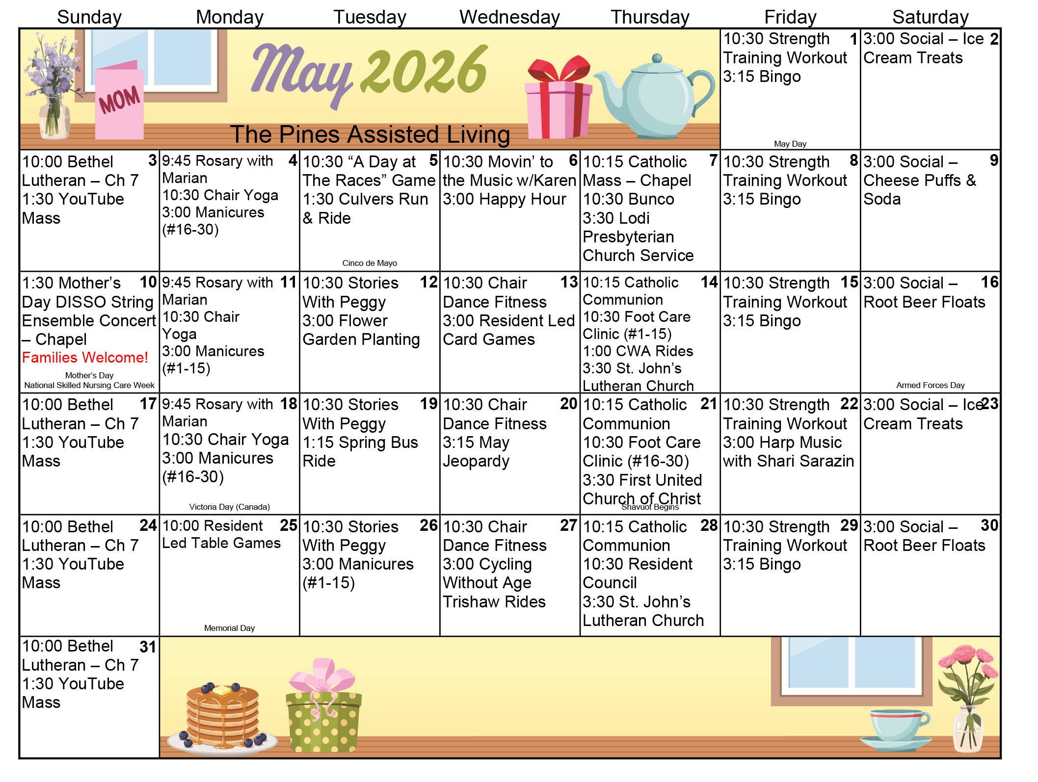 Pines Assisted Living May 2026 calendar