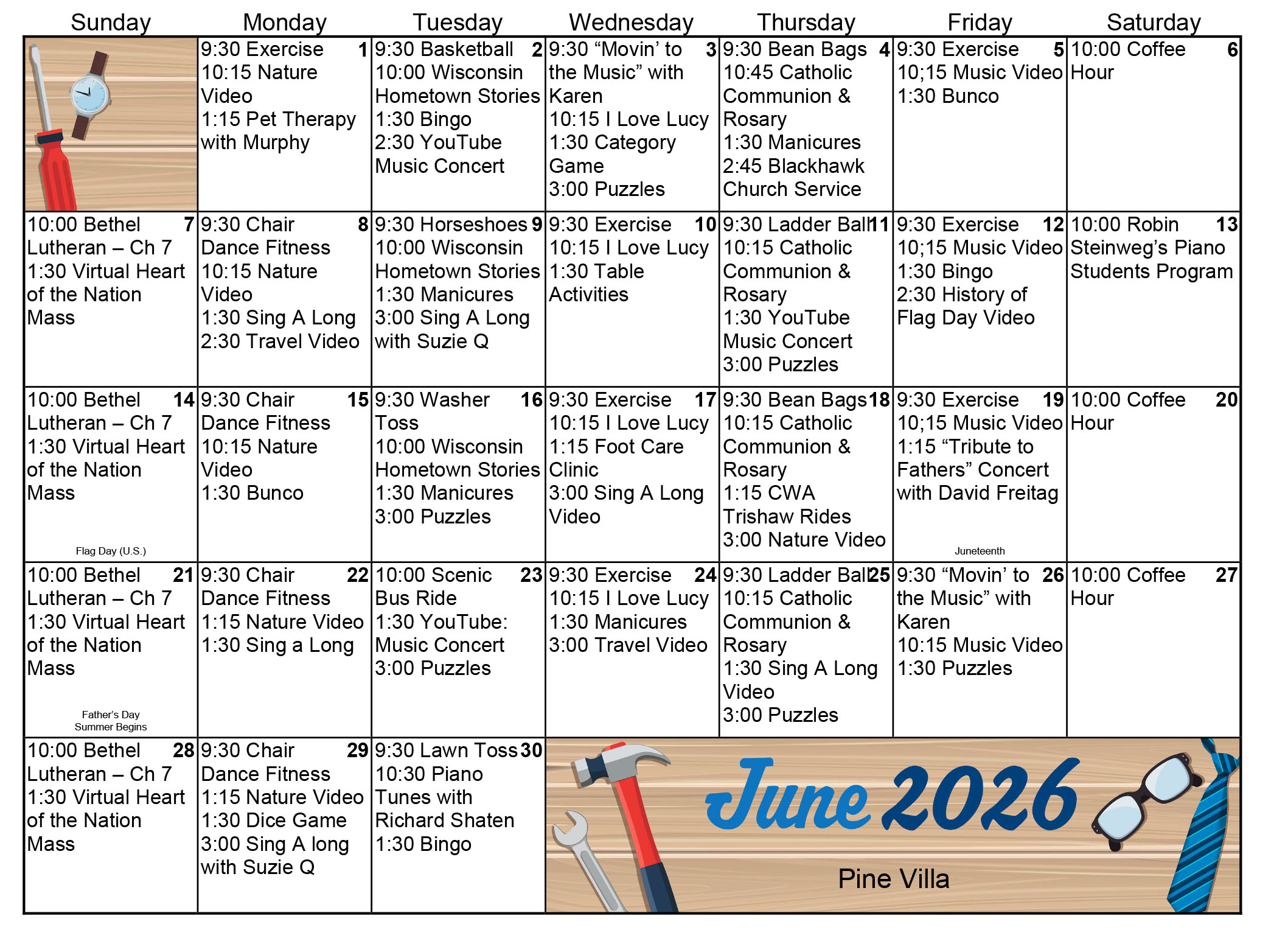 Pine Villa Memory Care June 2026 calendar
