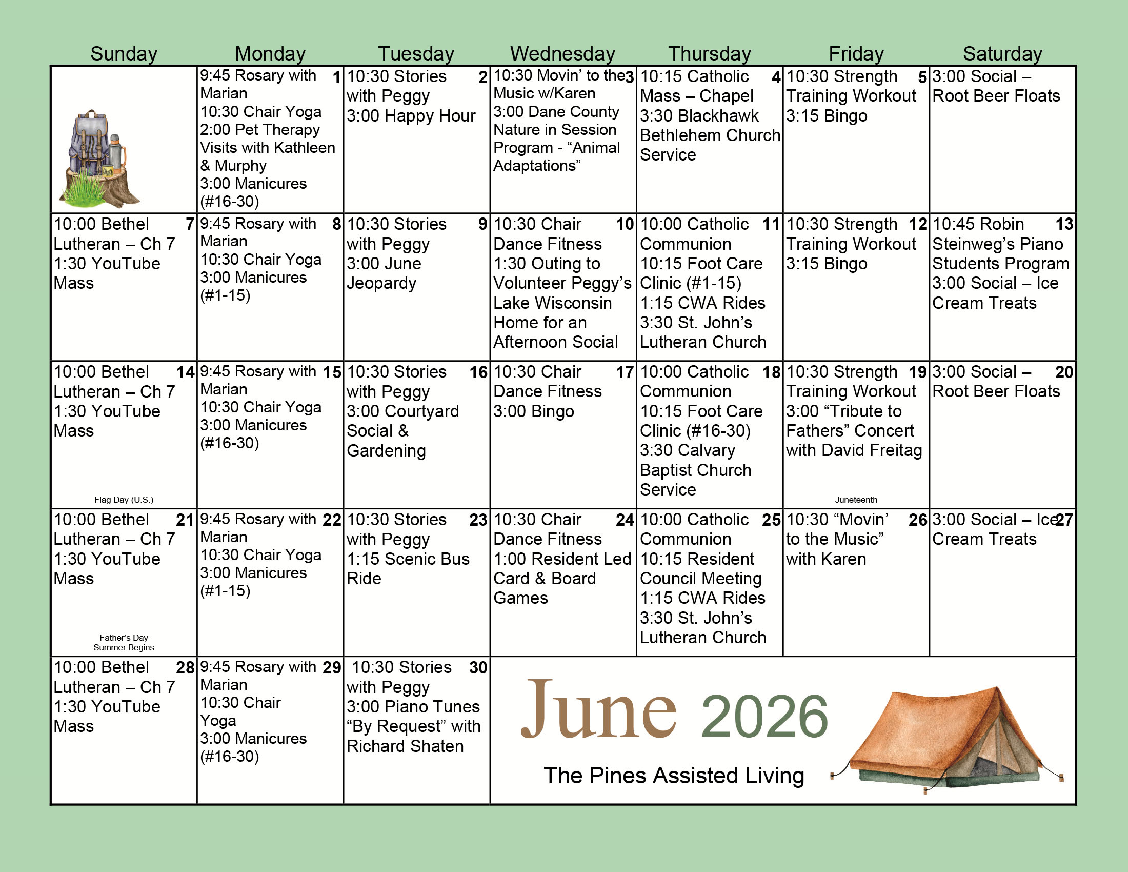Pines Assisted Living June 2026 calendar