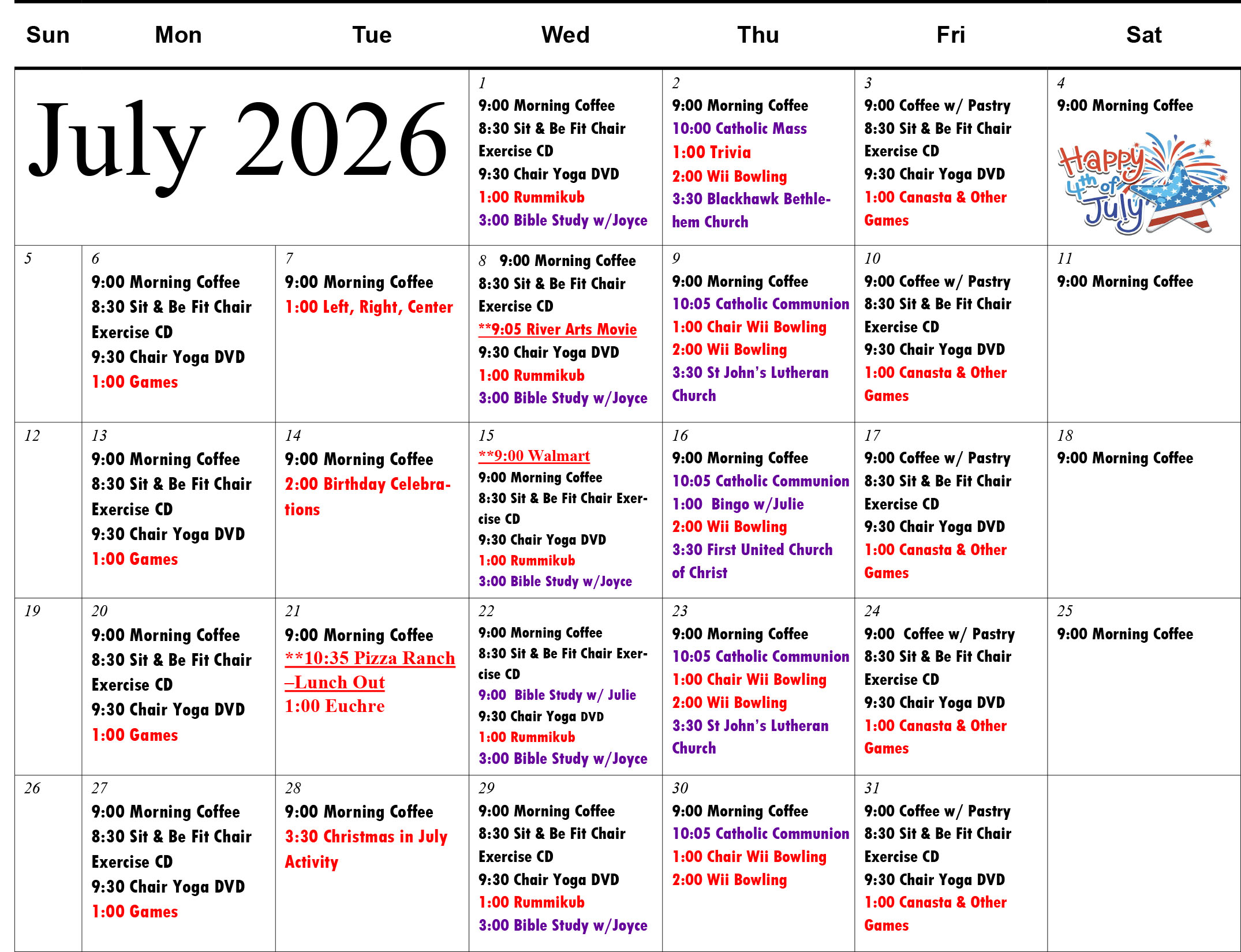 Pine Glen Senior Apartments July 2026 calendar
