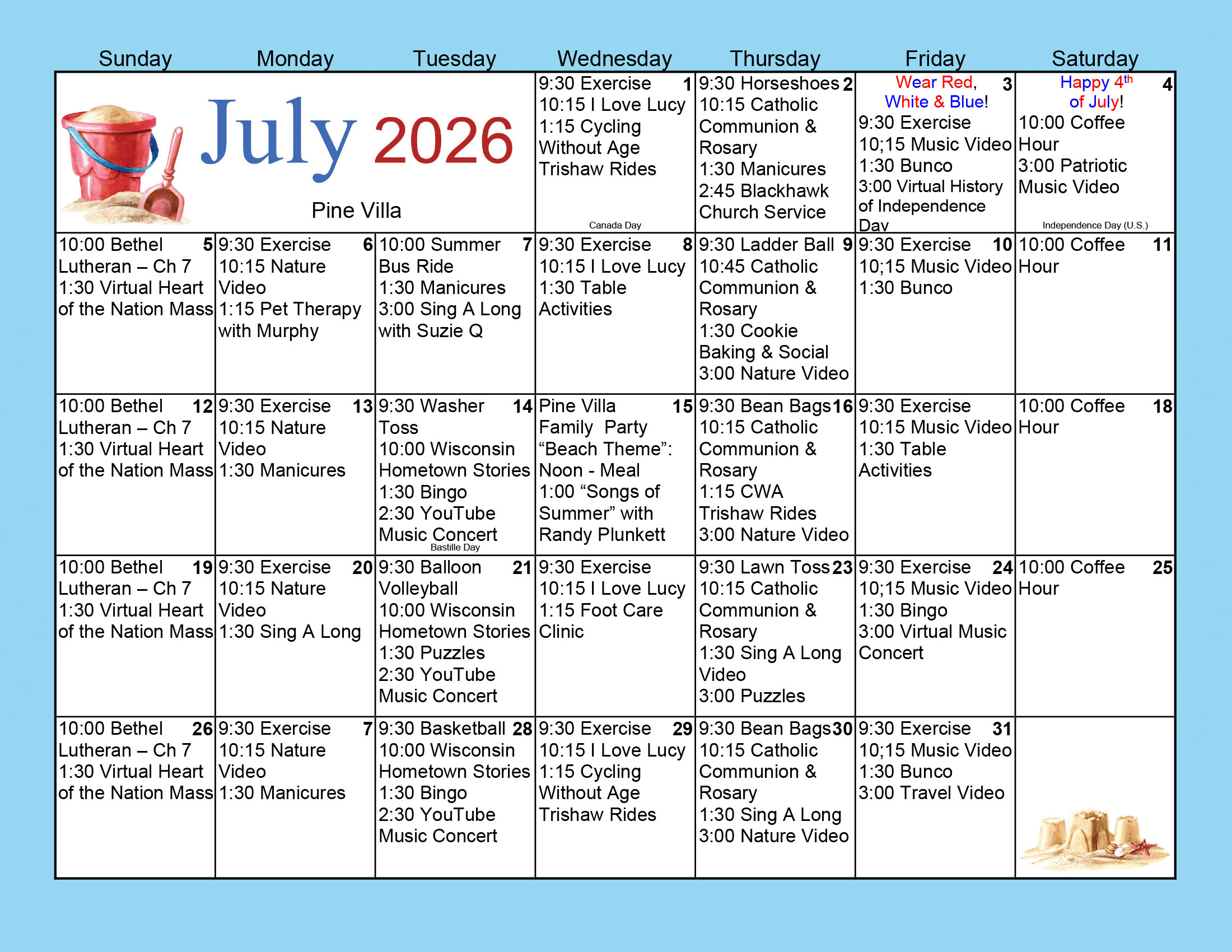 Pine Villa Memory Care July 2026 calendar