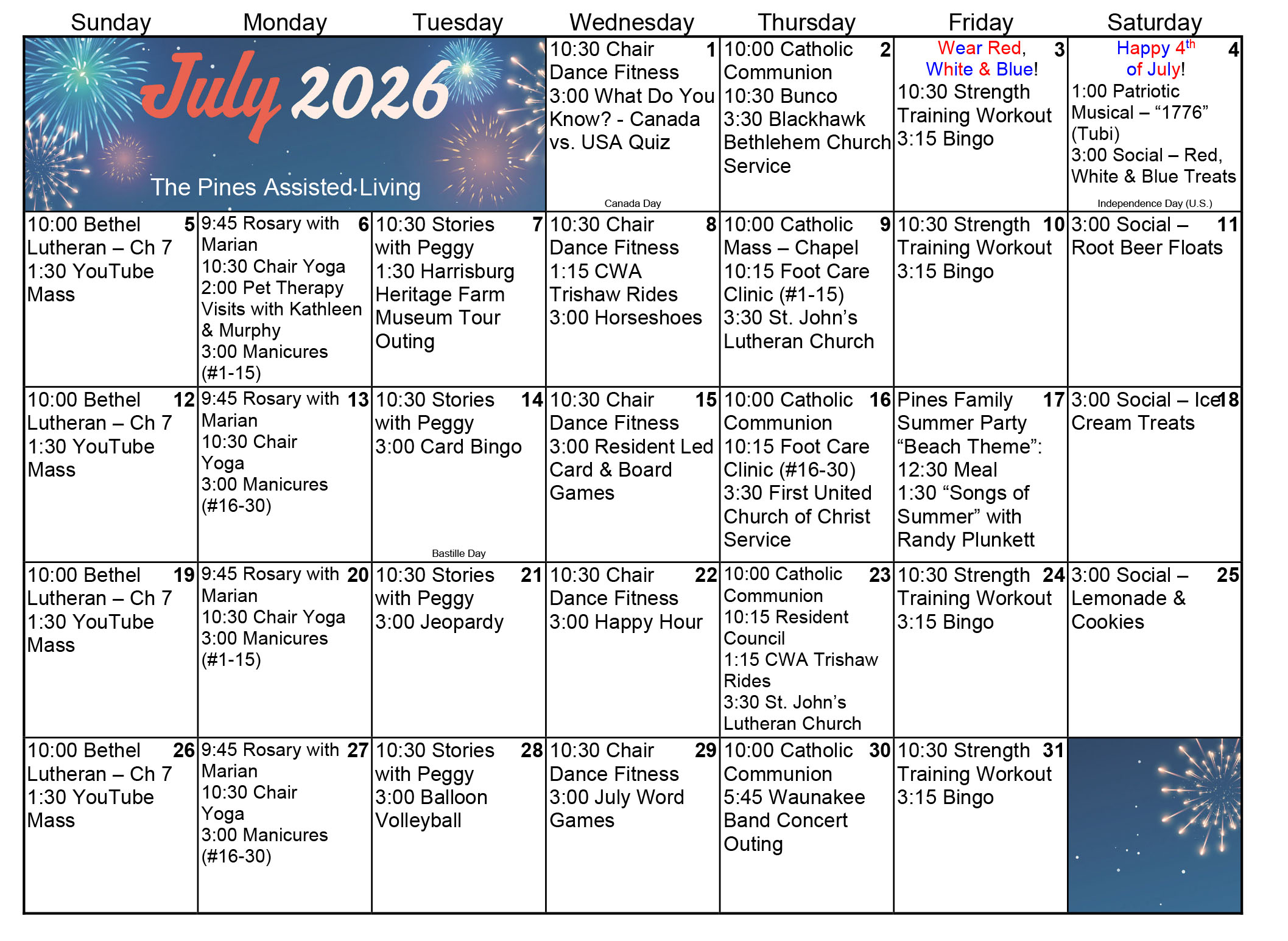 Pines Assisted Living July 2026 calendar