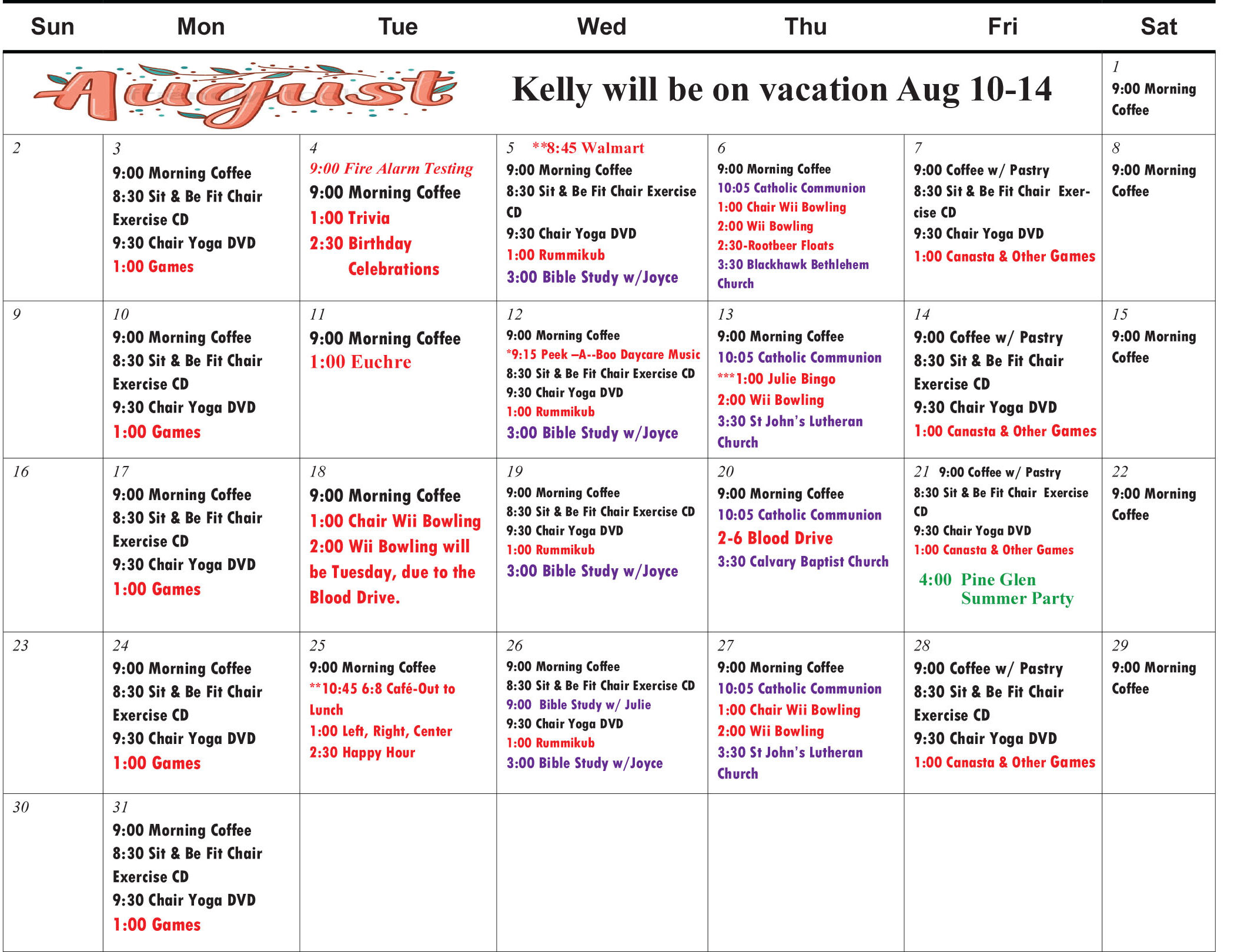 Pine Glen Apartments August 2026 calendar
