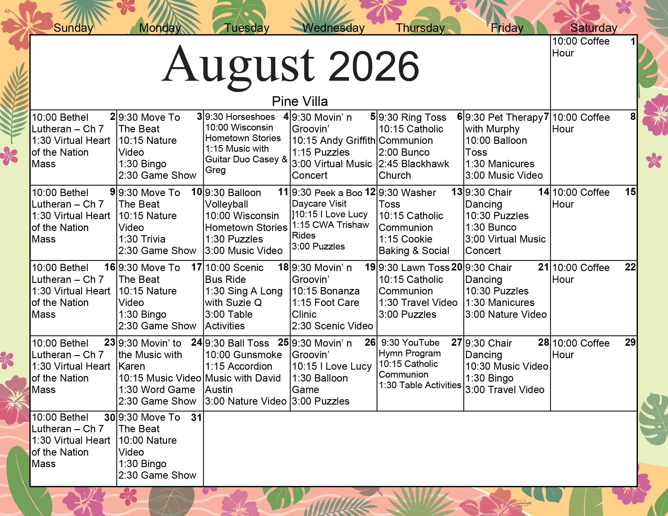 Pine Villa Memory Care August 2026 calendar