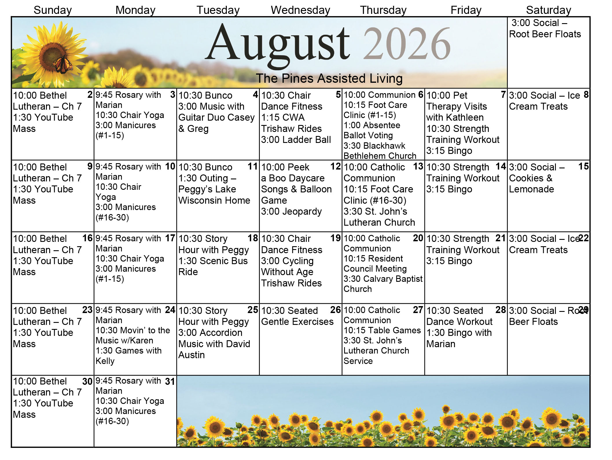 Pines Assisted Living August 2026 calendar