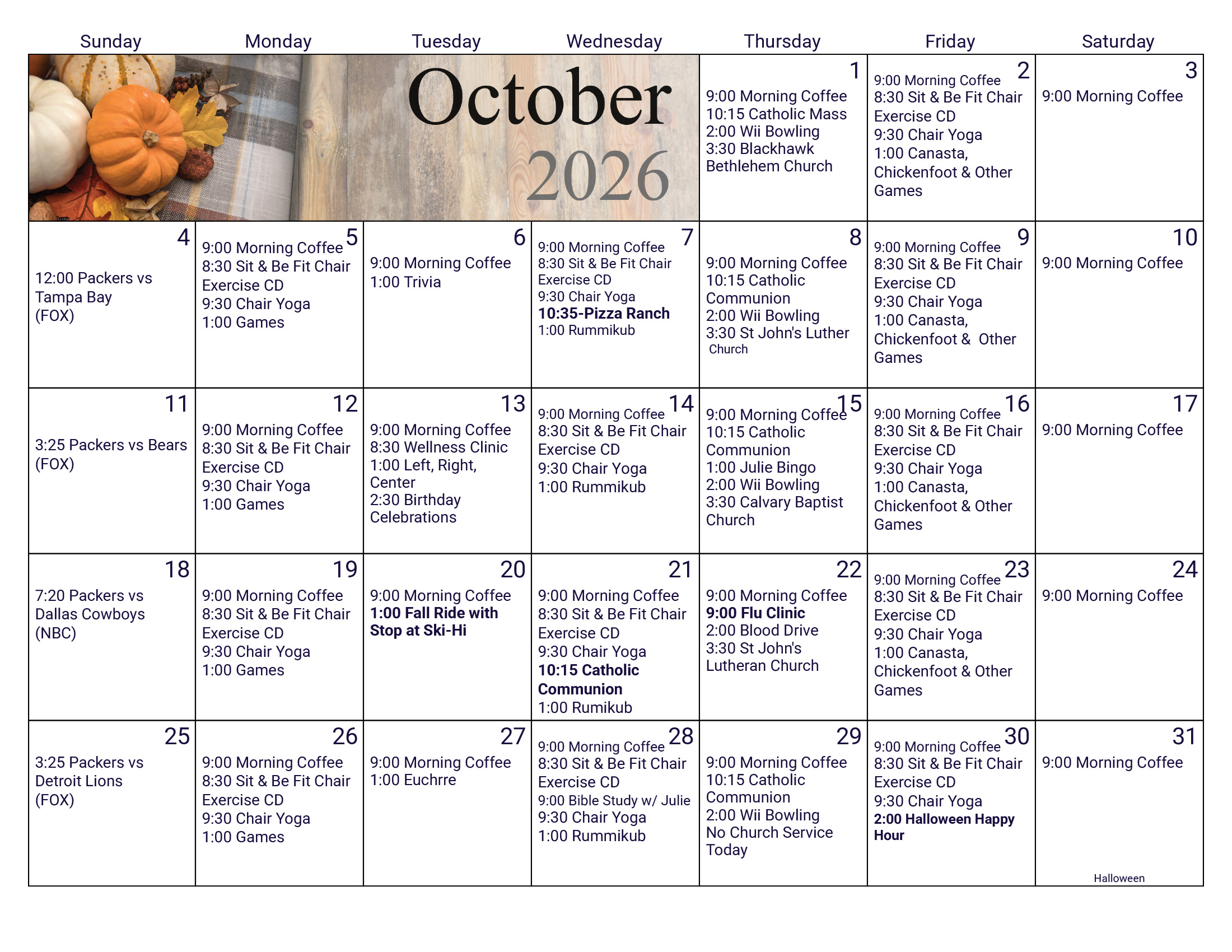 Pine Glen Senior Apartments October 2026 calendar