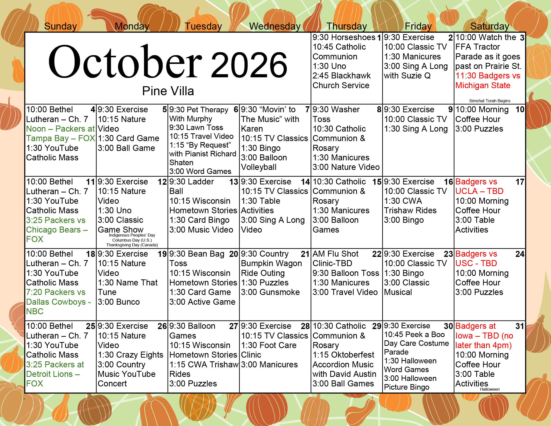Pine Villa Memory Care October 2026 calendar