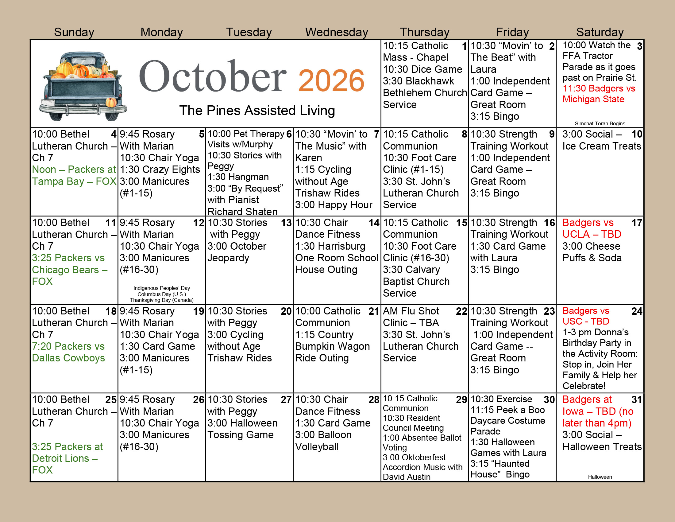 Pines Assisted Living October 2026 calendar